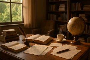 A tranquil study space bathed in soft, warm light, featuring an elegant wooden desk scattered with open books, notes, and a vintage quill pen. A steaming cup of tea rests beside a globe, while a peaceful window view reveals lush greenery. In the background, shelves filled with neatly stacked books and a cozy armchair add to the scholarly atmosphere. High definition, capturing the intricate details of the desk items and the inviting ambiance of knowledge and reflection.