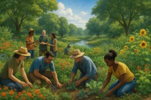 A serene landscape featuring a vibrant community garden, lush with various plants and flowers, where individuals from diverse backgrounds lovingly tend to the earth together. Nearby, a small group of people engage in animated conversation, sharing tools and techniques, while others enjoy peaceful moments, cultivating connections with nature. In the distance, a gentle stream flows, reflecting the clear blue sky, and trees create a natural canopy overhead. The scene captures a harmonious relationship between people and their environment, embodying the principles of social ecology. High definition.