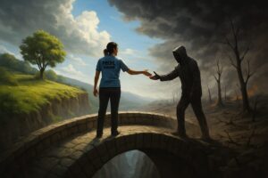 A powerful digital artwork depicting a symbolic bridge spanning a divide between two contrasting landscapes: one side lush and vibrant, representing hope and healing, while the other barren and desolate, symbolizing conflict and strife. In the foreground, a social worker stands at the center, extending a hand toward a figure from the opposite side, creating a moment of connection amidst the stark contrasts. The sky overhead is dramatically split between stormy clouds on one side and clear blue on the other, embodying the duality of their interactions. Rendered in high definition, this image captures the emotional complexity and the challenging dynamics of bridging divided communities.