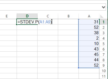 הזנת נוסחא לחישוב סטיית תקן באקסל