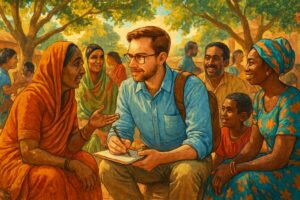 An intricate illustration of a researcher immersed in a vibrant social environment, engaging with diverse individuals in a warm, bustling community setting. The scene captures the essence of qualitative research with lively discussions, colorful clothing, and rich cultural elements, emphasizing the connections between people and their stories. Sunlight filters through trees, casting dappled shadows on the ground, as the researcher listens intently, notebook in hand, embodying curiosity and engagement. High definition.