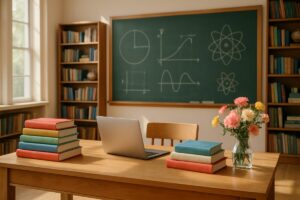 A serene academic environment featuring a beautifully arranged classroom with a large wooden desk at the center, stacked with colorful books and a laptop. Natural light streams through tall windows, illuminating a chalkboard filled with diagrams. In the background, shelves filled with more books and educational materials line the walls. A vase of fresh flowers adds a touch of warmth and creativity to the scene. Create this image in high definition.