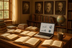 A serene study environment with a large wooden desk, cluttered with open academic books, a laptop displaying analytical graphs, and a steaming cup of coffee. Sunlight streams through a nearby window, illuminating the shelves filled with various scholarly texts, and a subtle globe sits in the corner. The walls are adorned with inspirational artwork of famous scholars, creating a warm, inviting atmosphere that celebrates the pursuit of knowledge. High definition.
