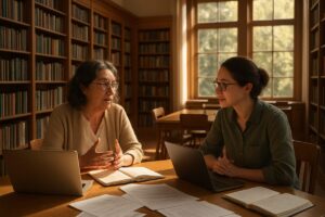 A serene academic library with warm wooden shelves filled with books, bathed in soft sunlight filtering through large windows. In the foreground, a researcher, a middle-aged woman with glasses, is engaged in a deep conversation with a younger colleague, surrounded by open notebooks and laptops. Their expressions show curiosity and collaboration, while scattered papers and a cup of coffee hint at their thoughtful brainstorming process. The atmosphere is peaceful yet energetic, embodying the spirit of scholarly inquiry and intellectual exchange. High definition.