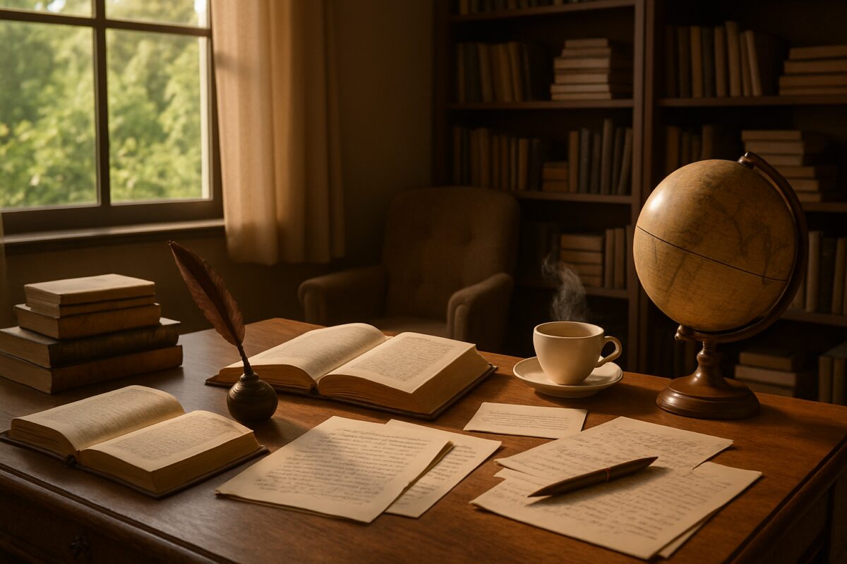 A tranquil study space bathed in soft, warm light, featuring an elegant wooden desk scattered with open books, notes, and a vintage quill pen. A steaming cup of tea rests beside a globe, while a peaceful window view reveals lush greenery. In the background, shelves filled with neatly stacked books and a cozy armchair add to the scholarly atmosphere. High definition, capturing the intricate details of the desk items and the inviting ambiance of knowledge and reflection.
