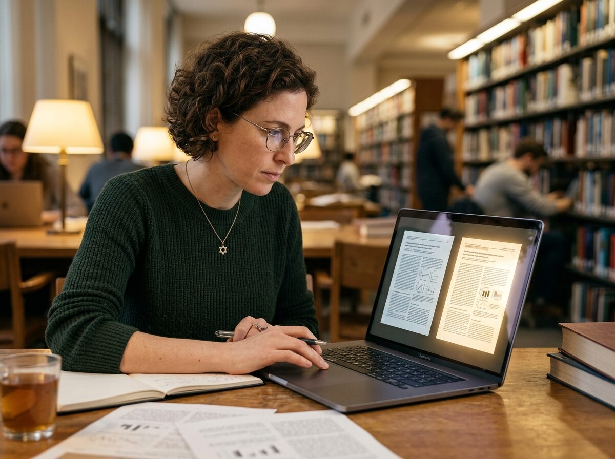 A focused Israeli researcher at a desk comparing two nearly identical academic journal pages on a laptop, one result glowing subtly brighter as the clear match, warm library light, realistic screen reflections, shallow depth of field, photographic-quality surreal precision, high definition, no text