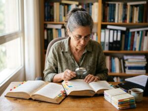 High-definition realistic photograph of an Israeli scientific editor at a sunlit desk, carefully comparing two open scholarly books with color-coded page tabs, a magnifying glass and neatly arranged reference cards, focused expression, shallow depth of field, natural paper textures, no readable text